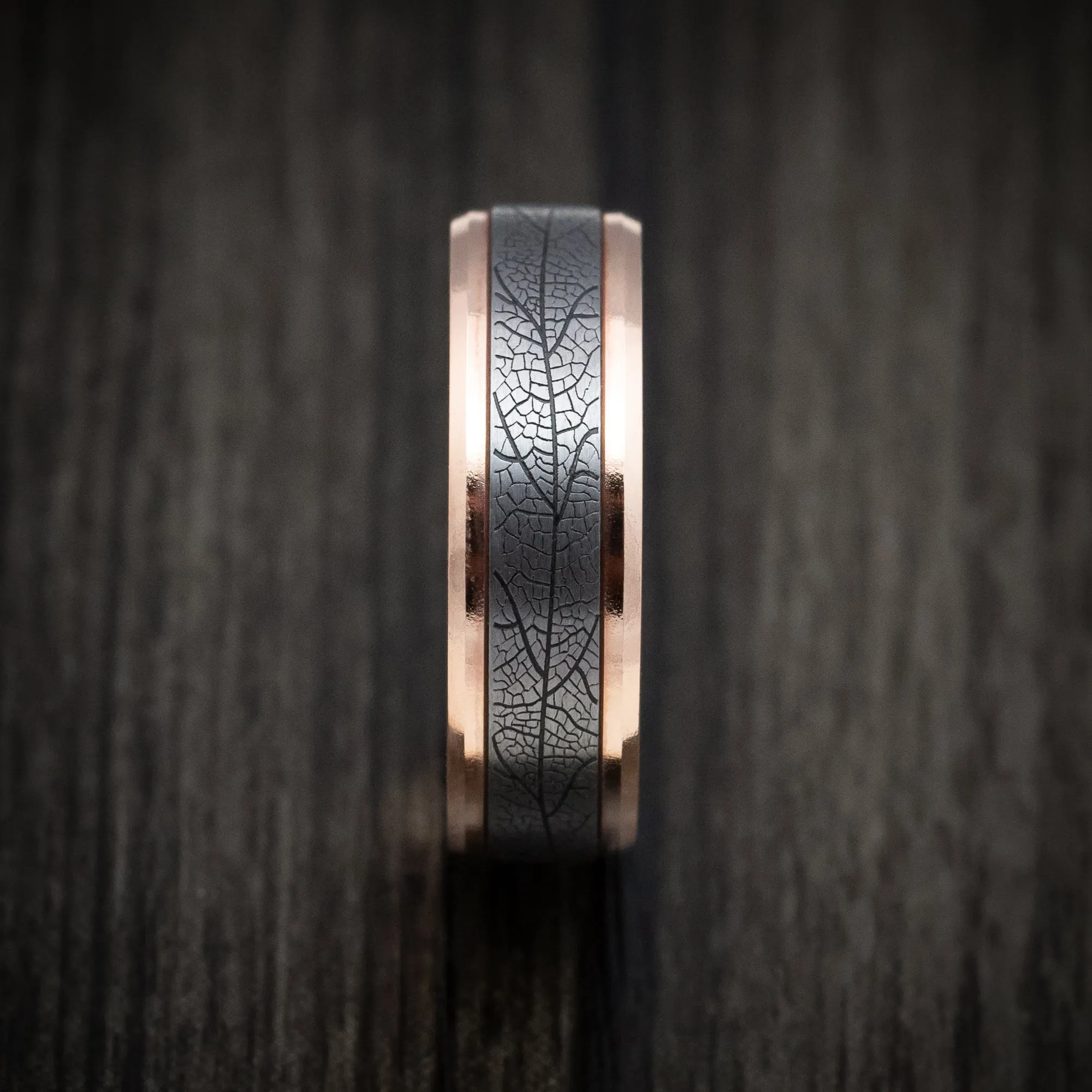 14K Rose Gold and Tantalum Leaf Pattern Mens Band