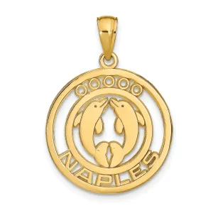 14K Yellow Gold Polished Textured Finish NAPLES Florida with Double Dolphins in Circle Design Charm Pendant