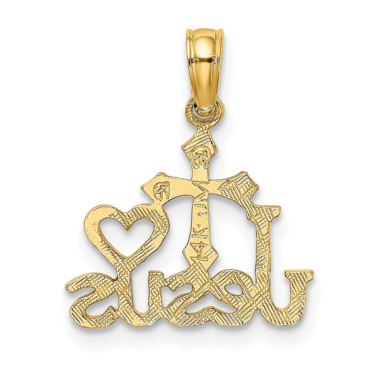 14K Yellow Gold Texture Polished JESUS Script with Cross Heart Pendant