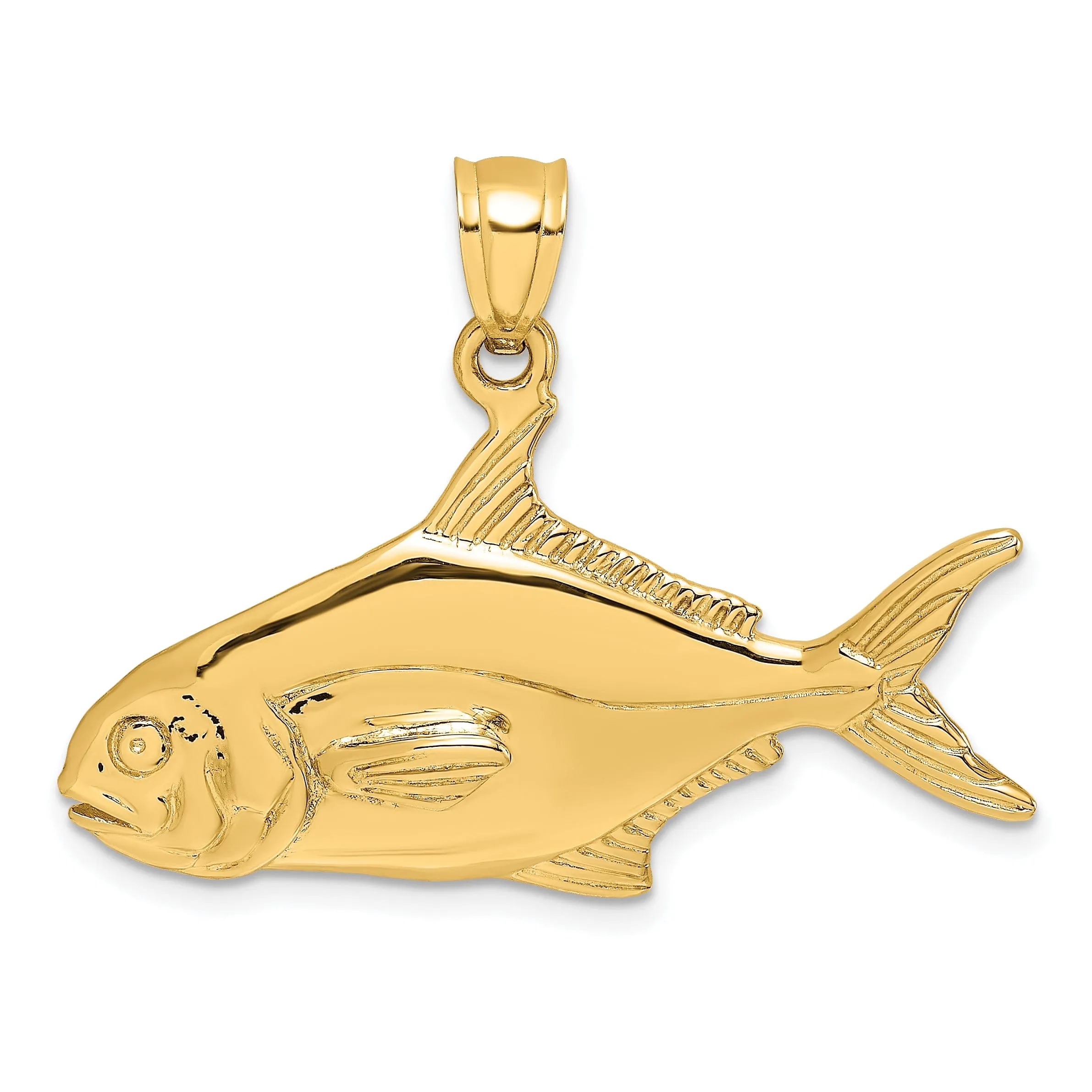 14K Yellow Gold Textured Polished Finish 3-Dimensional Pompano Fish Charm Pendant