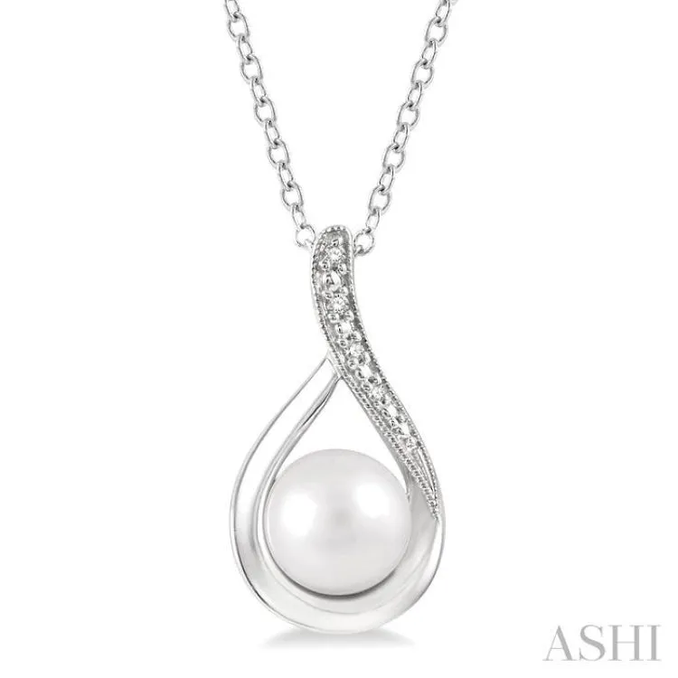 1/50 Ctw Drop Shape Round Cut Diamond & 7x7MM Cultured Pearl Pendant With Chain in Sterling Silver