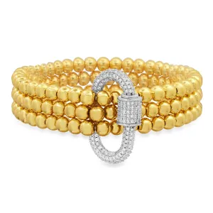 3 CORD STRAND CZ SCREW CARABINER STRETCH BRACELET, GOLD