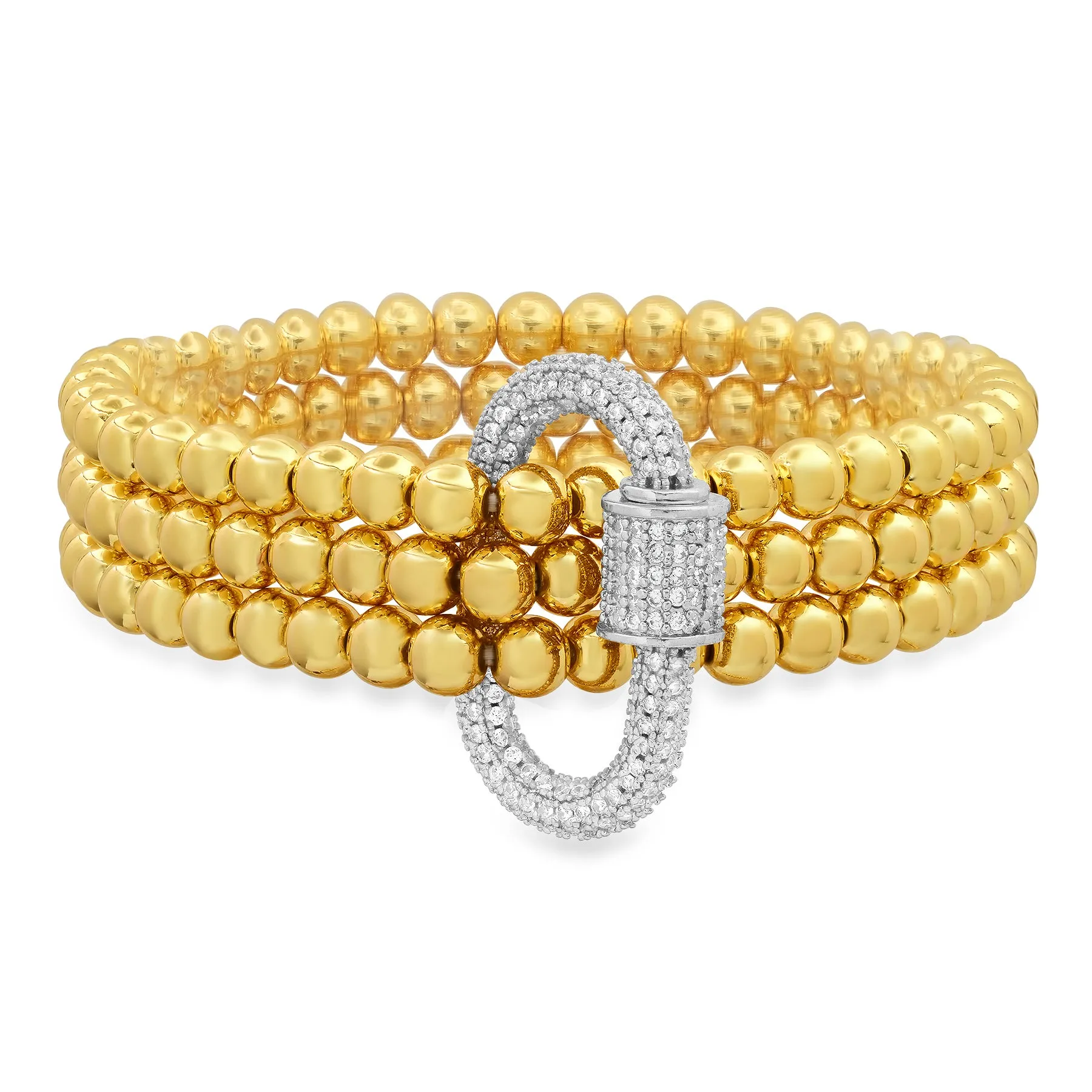 3 CORD STRAND CZ SCREW CARABINER STRETCH BRACELET, GOLD