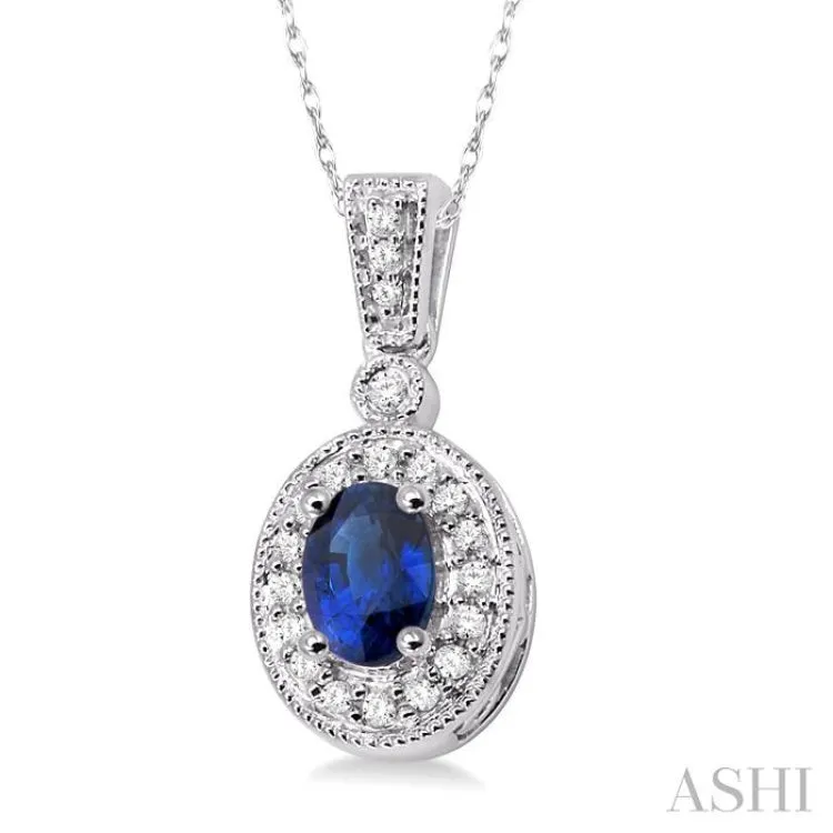 6x4mm Oval Cut Sapphire and 1/8 Ctw Round Cut Diamond Pendant in 14K White Gold with Chain