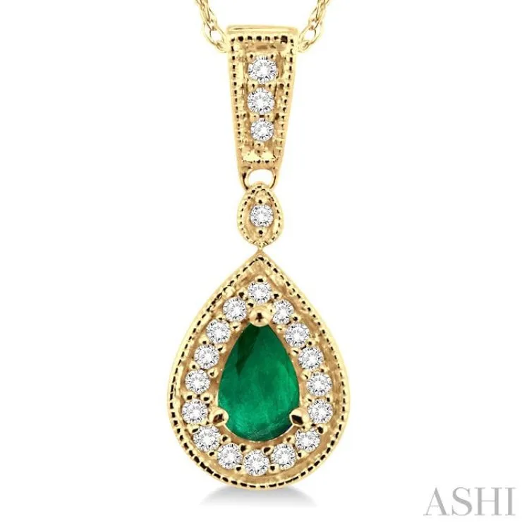 6x4mm Pear Shape Emerald and 1/6 Ctw Round Cut Diamond Pendant in 14K Yellow Gold with Chain