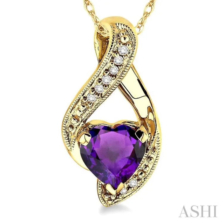 7mm Heart Shape Amethyst and 1/20 Ctw Single Cut Diamond Pendant in 14K Yellow Gold with Chain