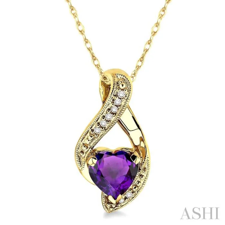 7mm Heart Shape Amethyst and 1/20 Ctw Single Cut Diamond Pendant in 14K Yellow Gold with Chain