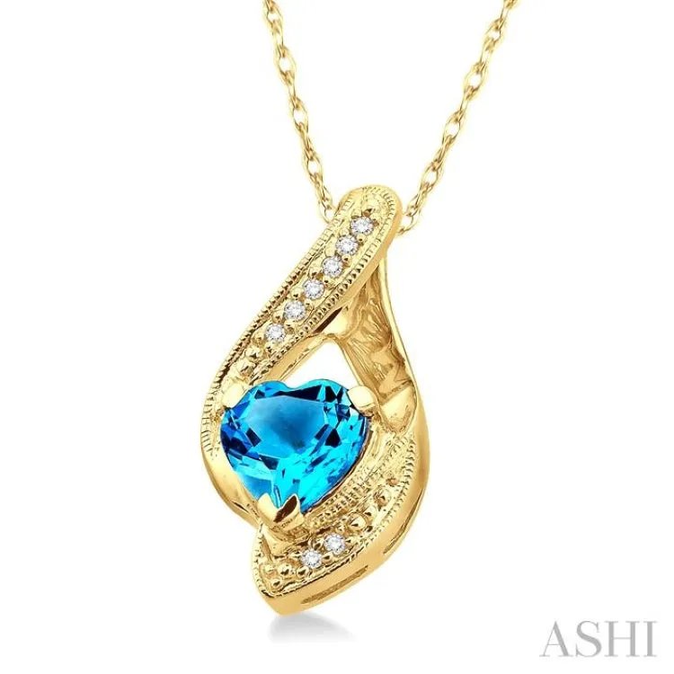 7mm Heart Shape Blue Topaz and 1/20 Ctw Single Cut Diamond Pendant in 14K Yellow Gold with Chain