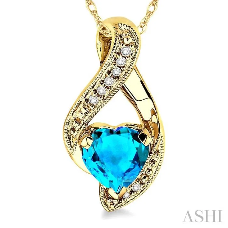 7mm Heart Shape Blue Topaz and 1/20 Ctw Single Cut Diamond Pendant in 14K Yellow Gold with Chain