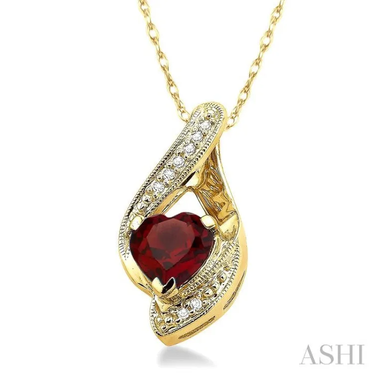 7X7mm Heart Shape Garnet and 1/20 Ctw Single Cut Diamond Pendant in 10K Yellow Gold with Chain