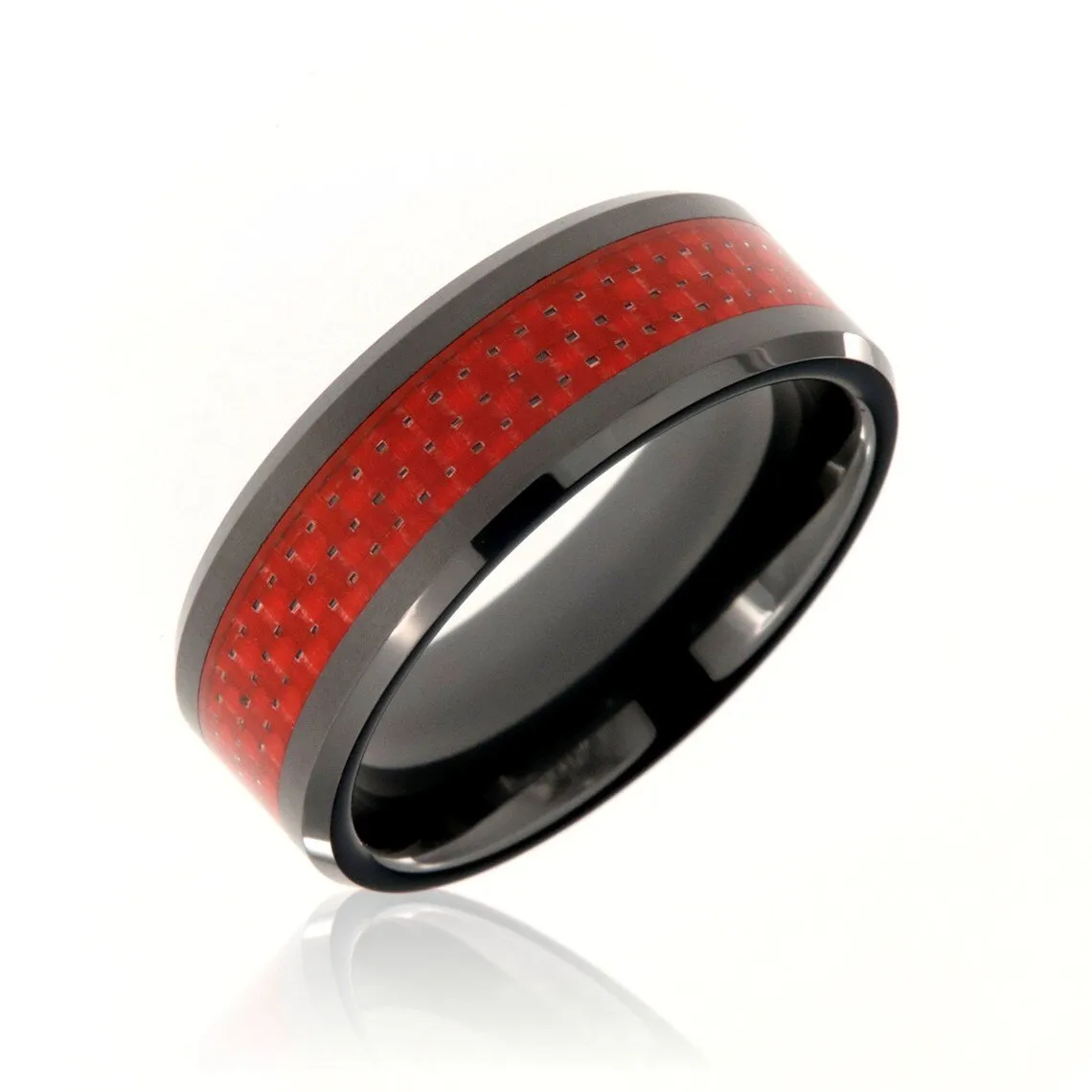 8mm Lightweight Tungsten Carbide Men's Ring With Red Carbon Fiber And Polished Finish