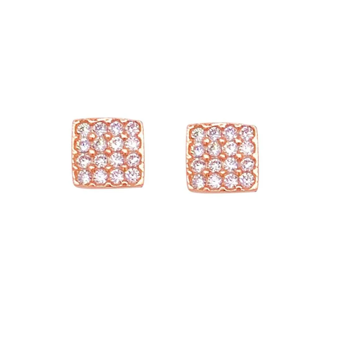 9ct Rose Gold Silver Infused Pave Cubic Zirconia Sqaure Stud Earrings