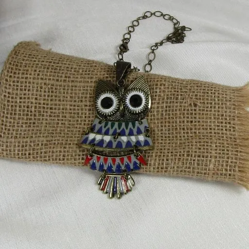 Antique Gold Multi-colored Hoot Owl Pendant Necklace