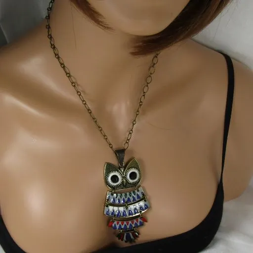 Antique Gold Multi-colored Hoot Owl Pendant Necklace