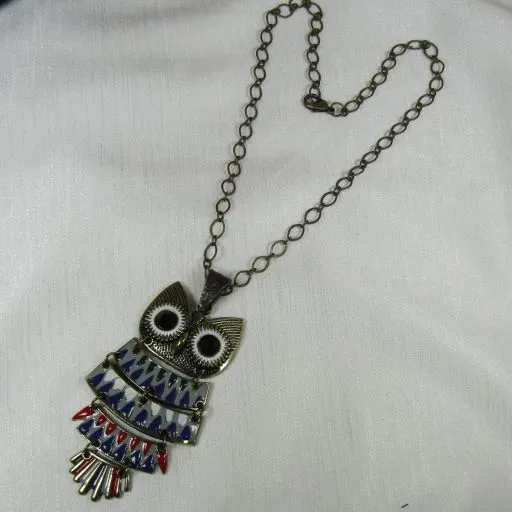 Antique Gold Multi-colored Hoot Owl Pendant Necklace