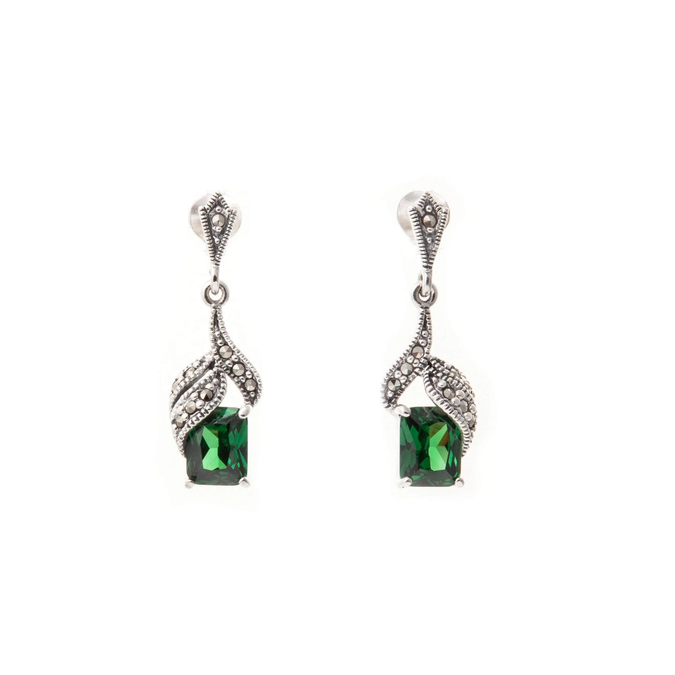 Art Deco Earrings Emerald Green Silver Marcasite  Crystal