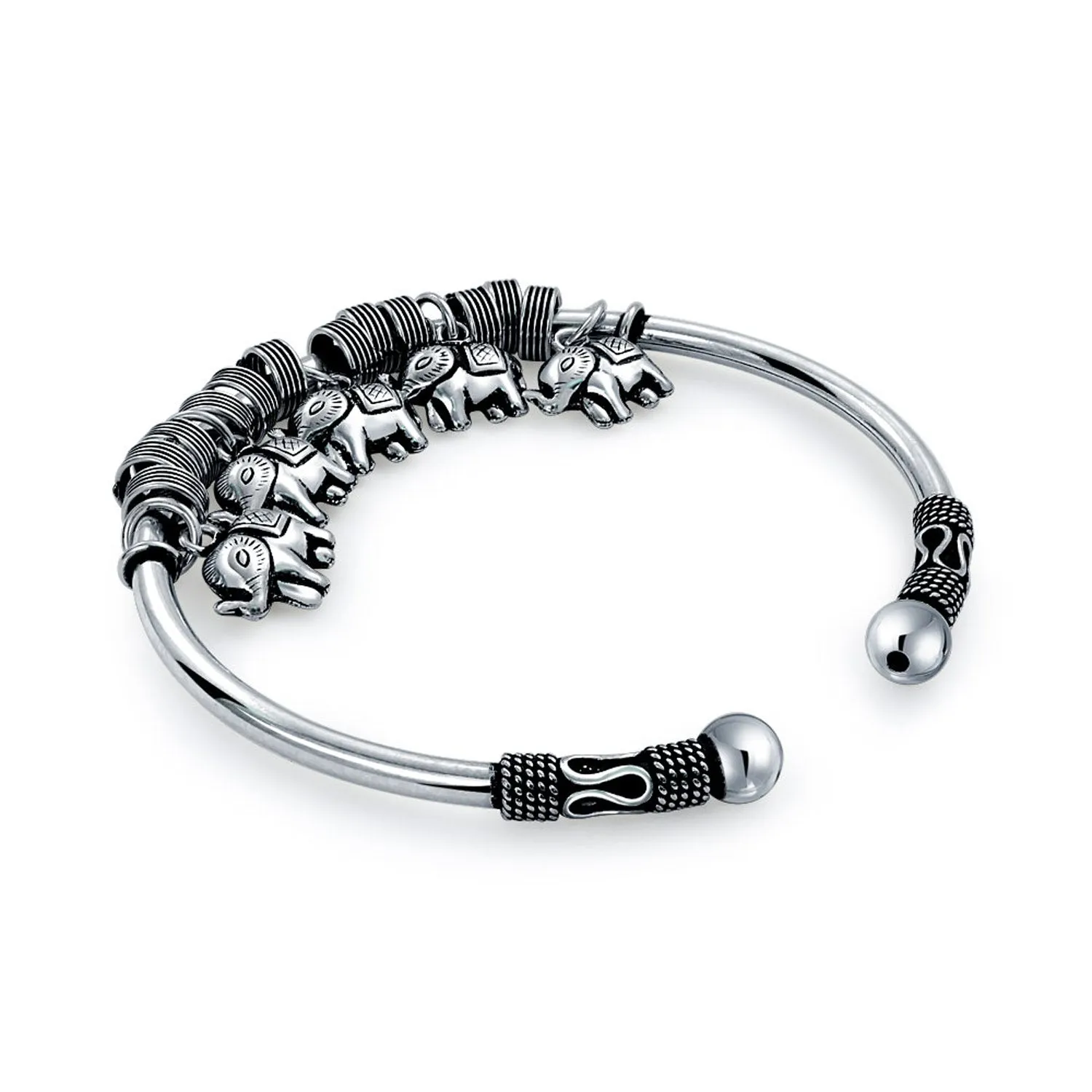 Bali Style Elephant Bangle Bracelet with 5 Charms in Antiqued Sterling Silver