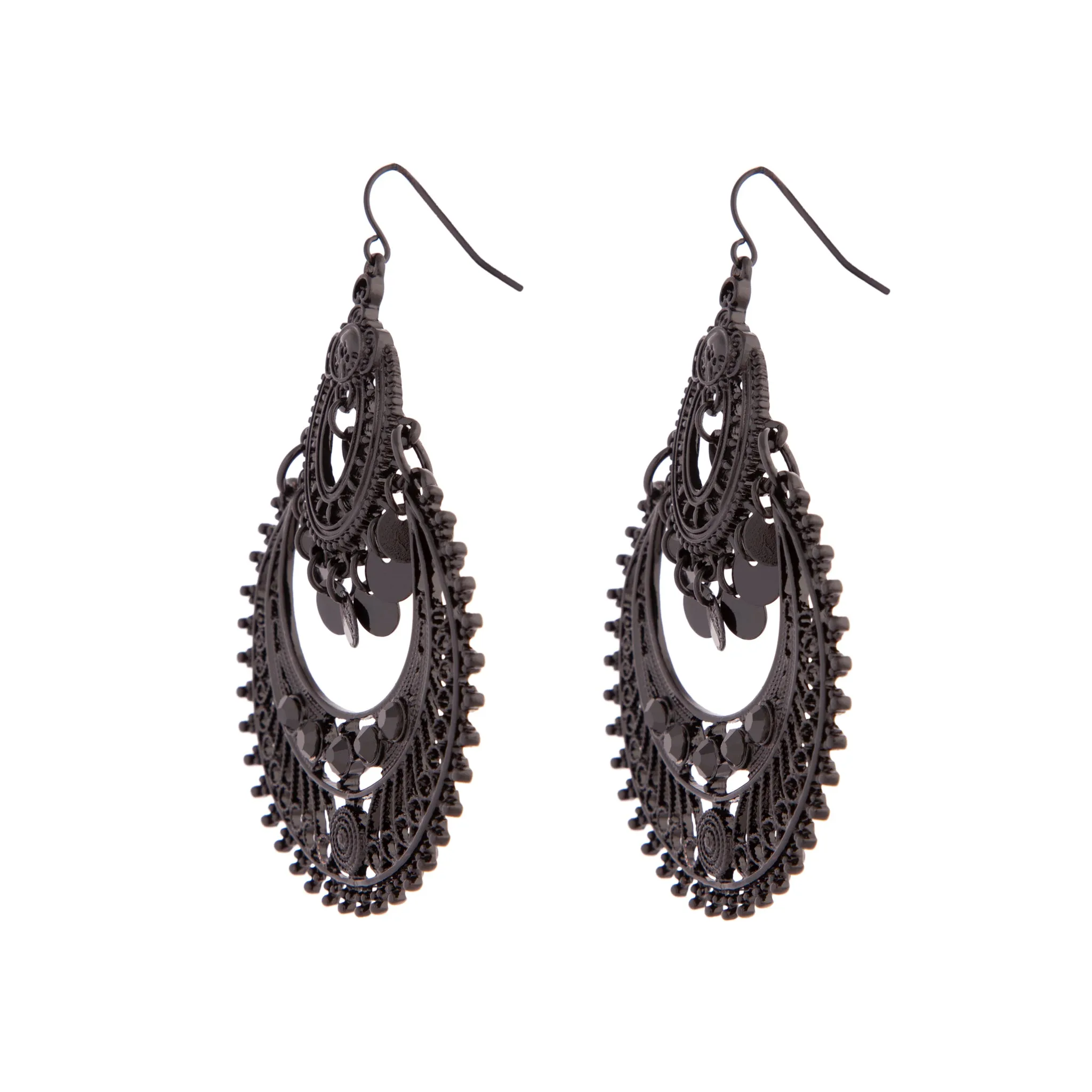 Black Diamante Disc Bohemian Drop Earrings