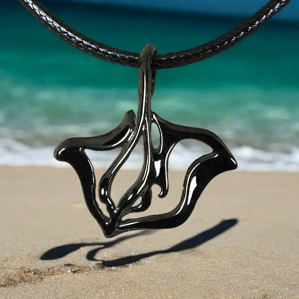 Black Stingray Necklace for Men and Women - Manta Ray Gift for Women and Men, Stingray Necklace Jet Black, Gifts for Divers, Hematite Look Jewelry