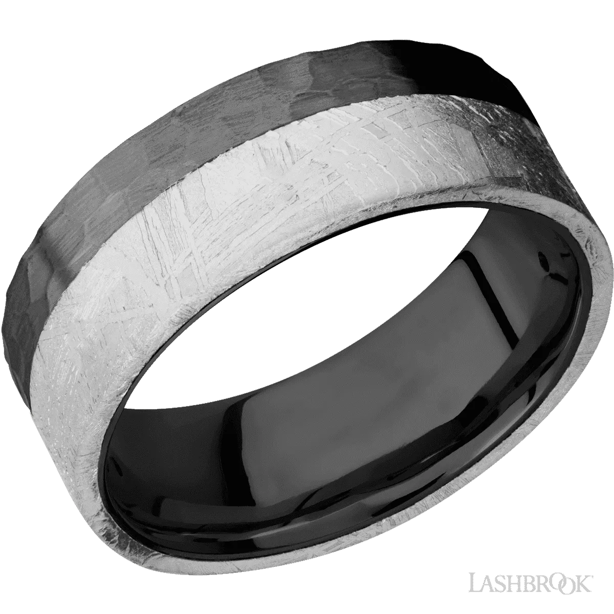 Black Zirconium flat band with an edge meteorite inlay Hammered Finish- 8MM