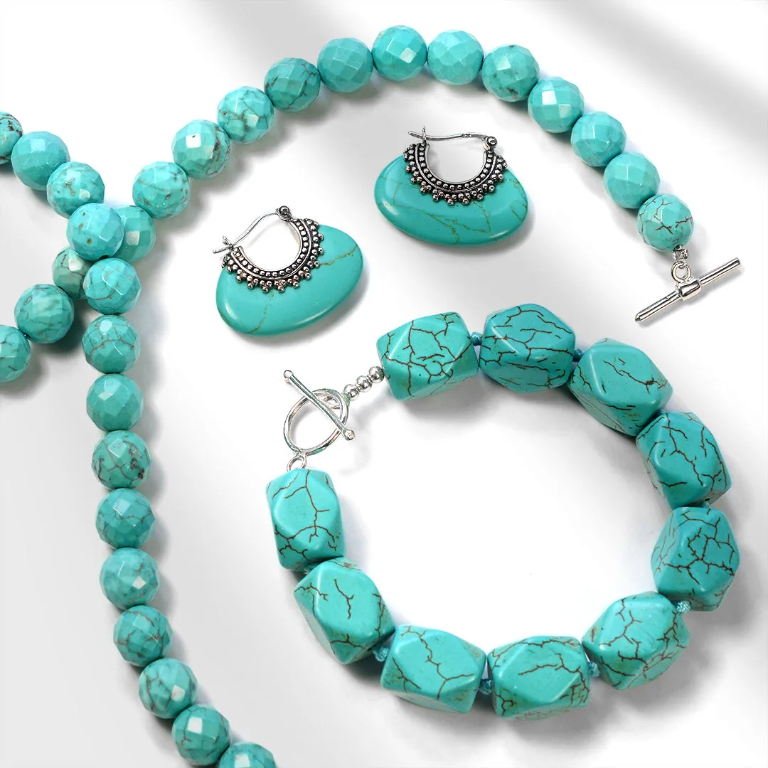 Blue Faceted Turquoise Gemstone Bead Strand Necklace with Silver Clasp