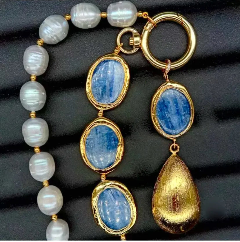 Blue Kyanite and Gray Pearl Gemstone Brushed Gold Vermeil Statement Necklace 18"