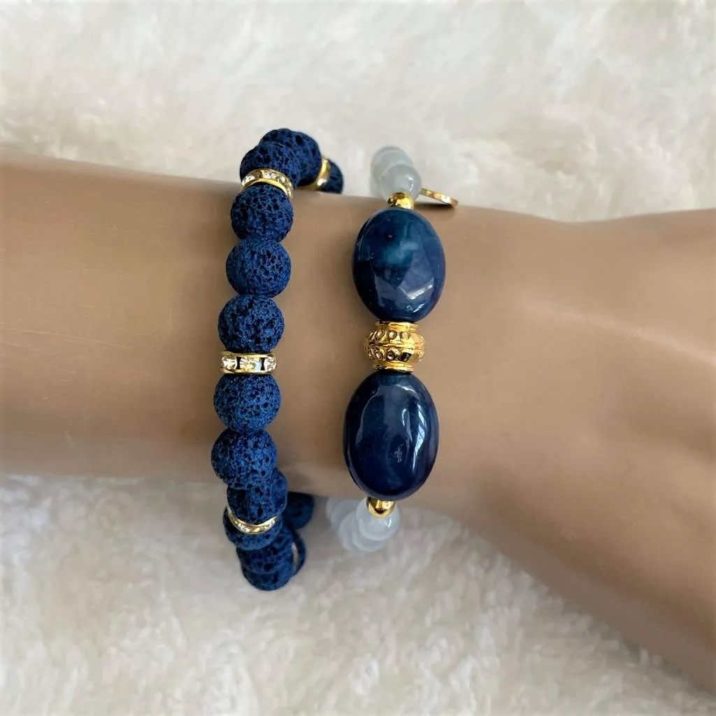 Blue Quartz and Blue Agate Beaded Bracelet with Gold Beads