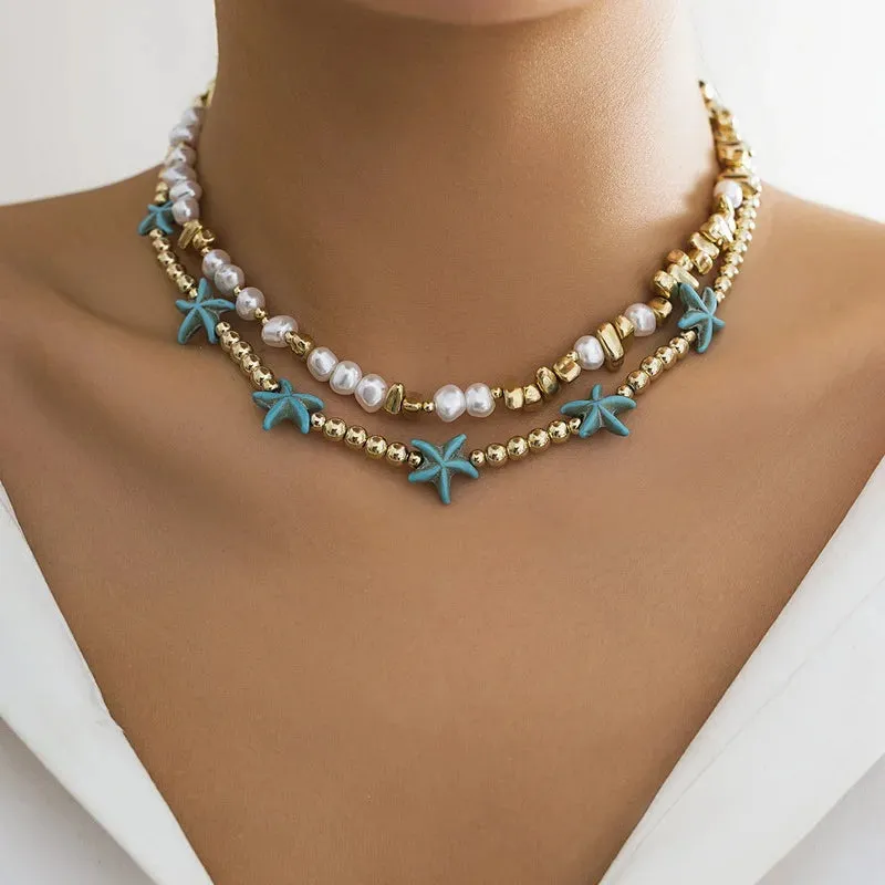 Bohemian multi-layered shell and rice bead necklace