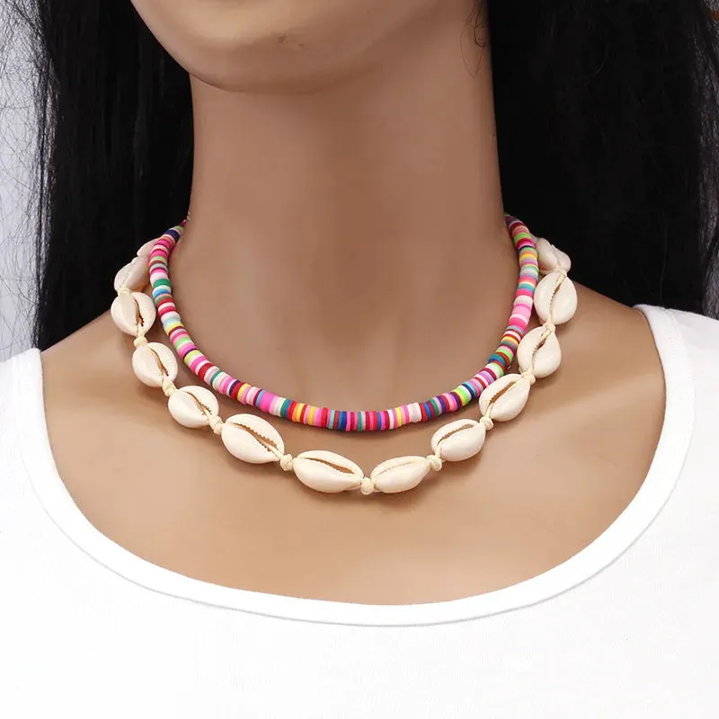 Bohemian multi-layered shell and rice bead necklace