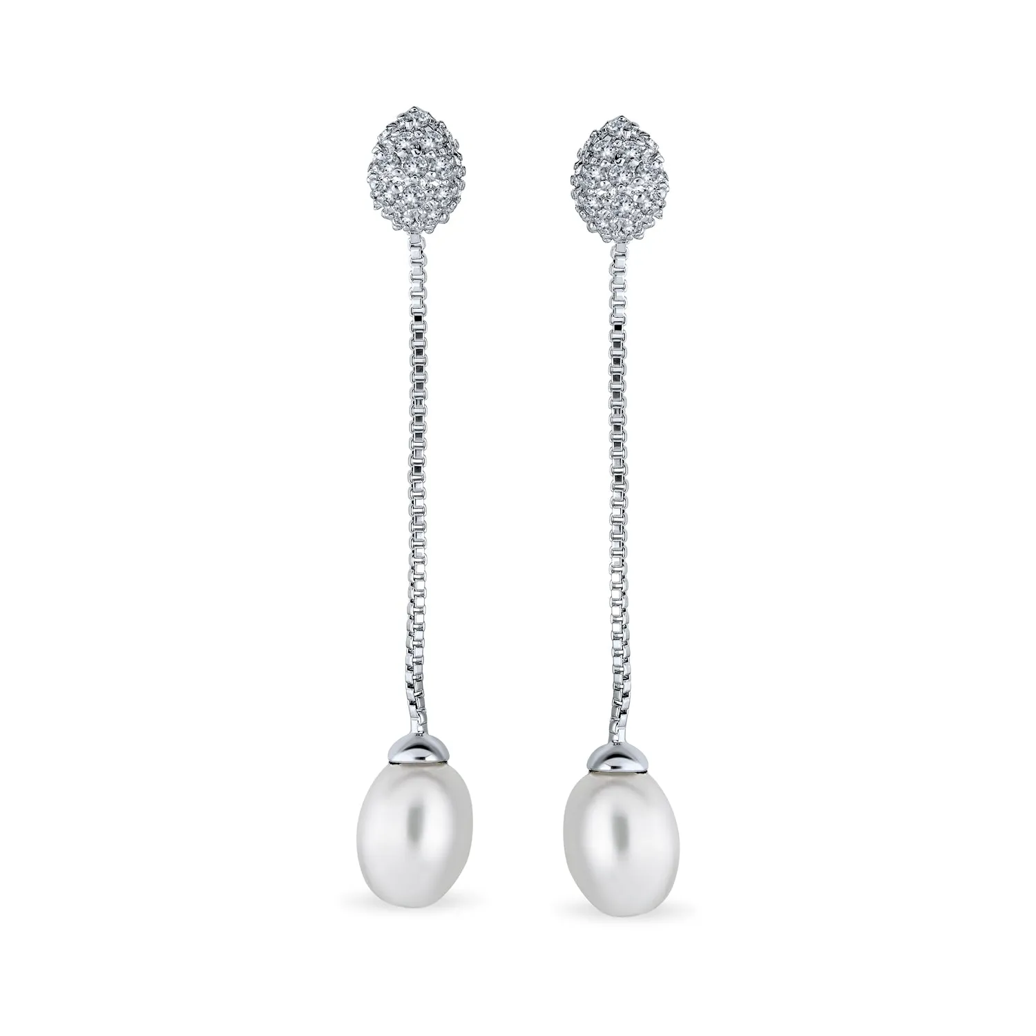 Bridal CZ Pearl Dangle Chandelier Earrings Silver Plated Brass Linear Chain