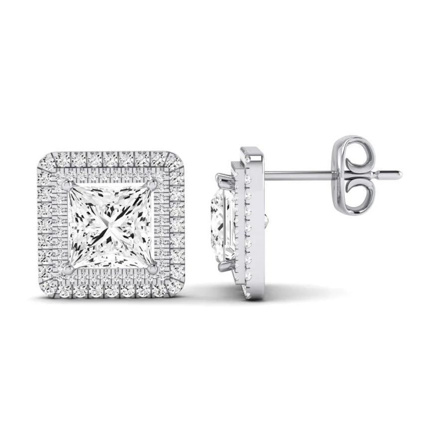 Cerise Princess Cut Lab Diamond Halo Stud Earrings