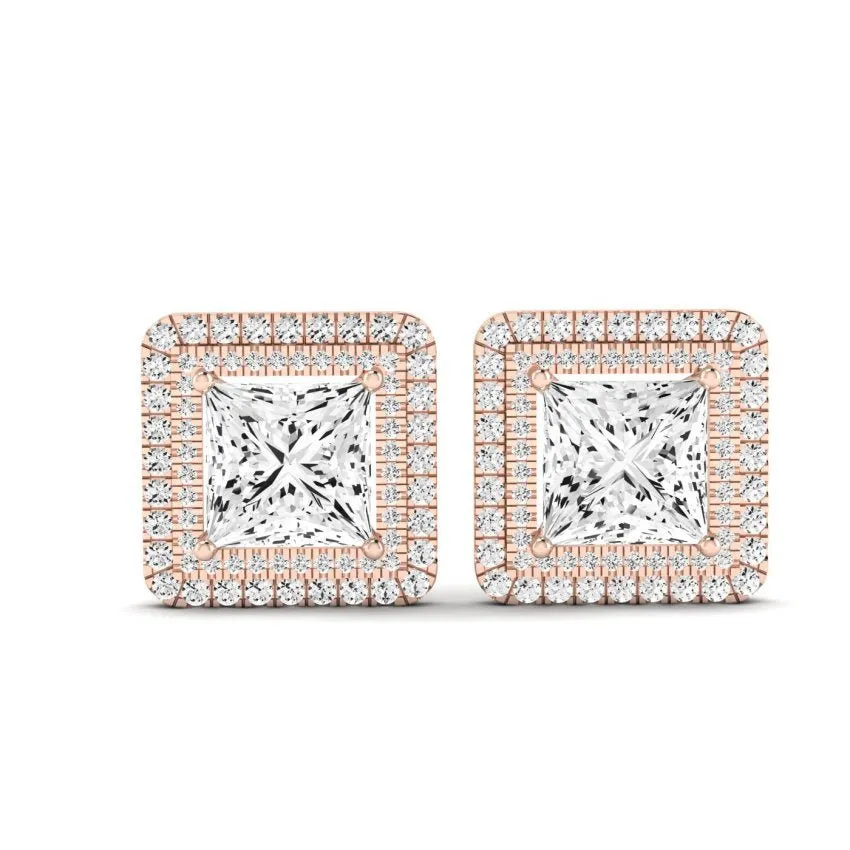 Cerise Princess Cut Lab Diamond Halo Stud Earrings