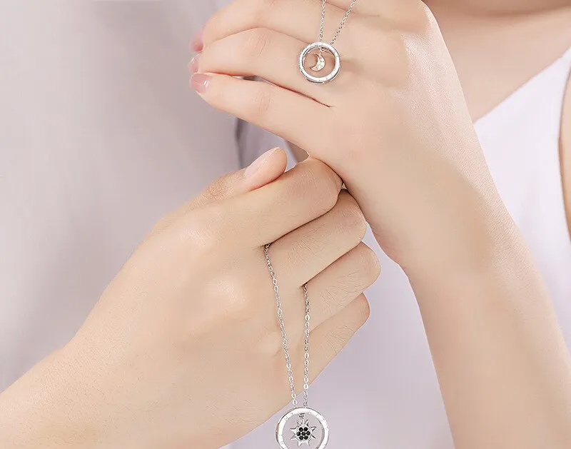 couple silver color ring sun and moon two-color pendant necklace jewelry gift