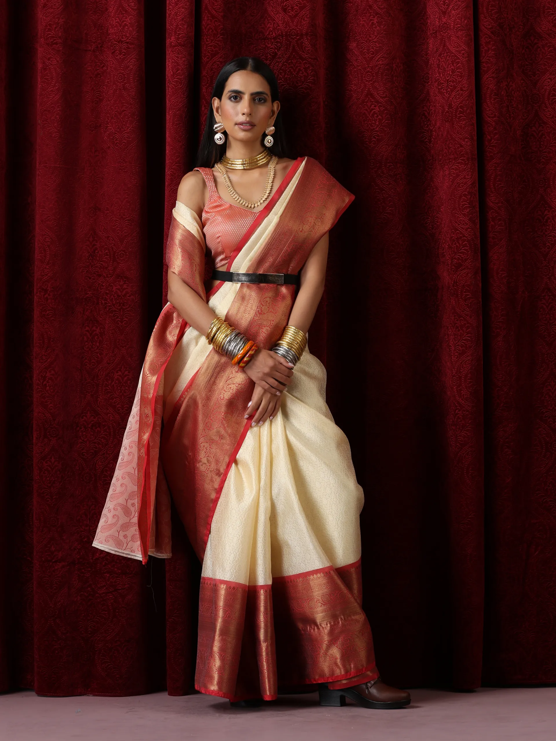 Cream Jacquard Saree with Red Border with Blouse Fabric