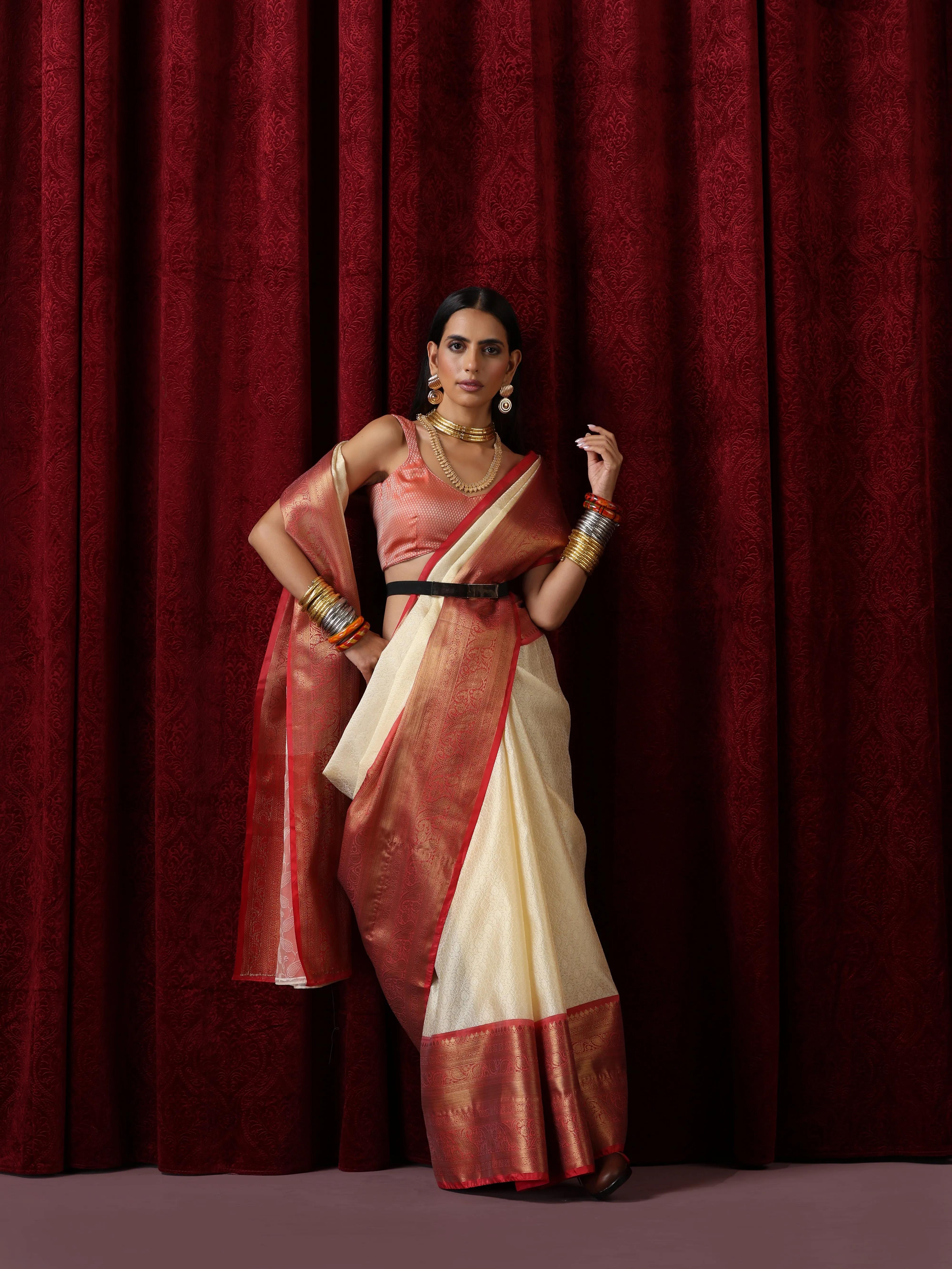 Cream Jacquard Saree with Red Border with Blouse Fabric