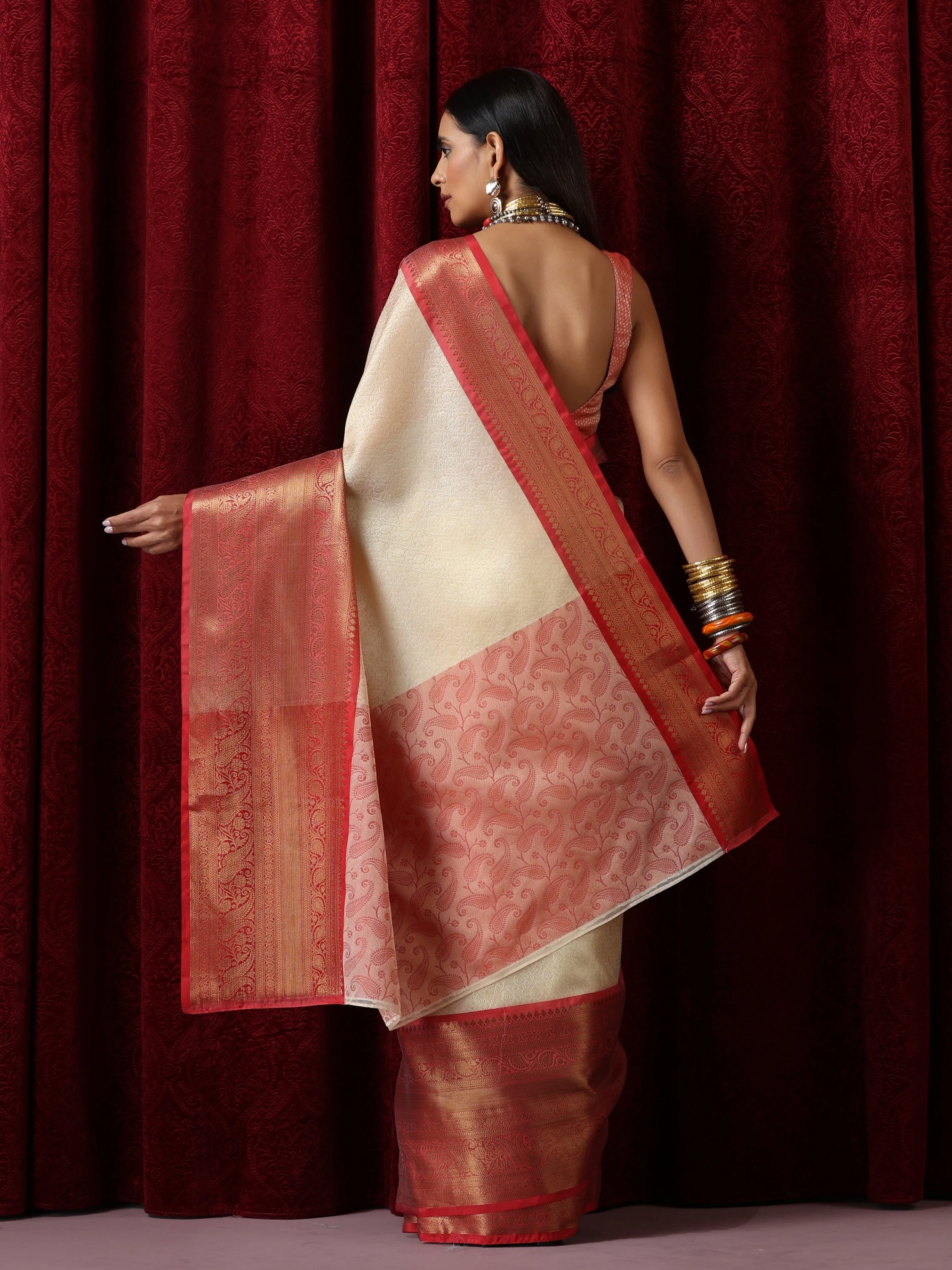 Cream Jacquard Saree with Red Border with Blouse Fabric