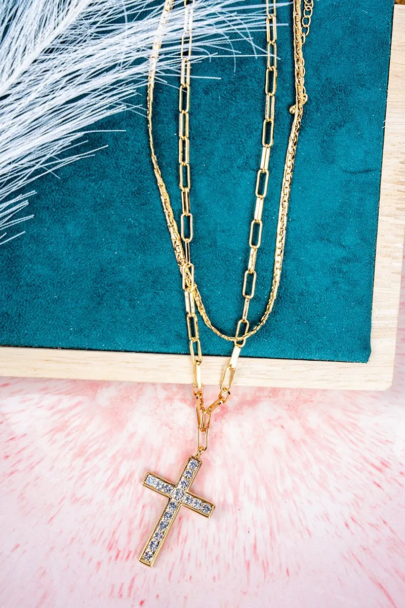 Crystal Avenue Sunday Morning Crystal Goldtone Cross Double Necklace Set