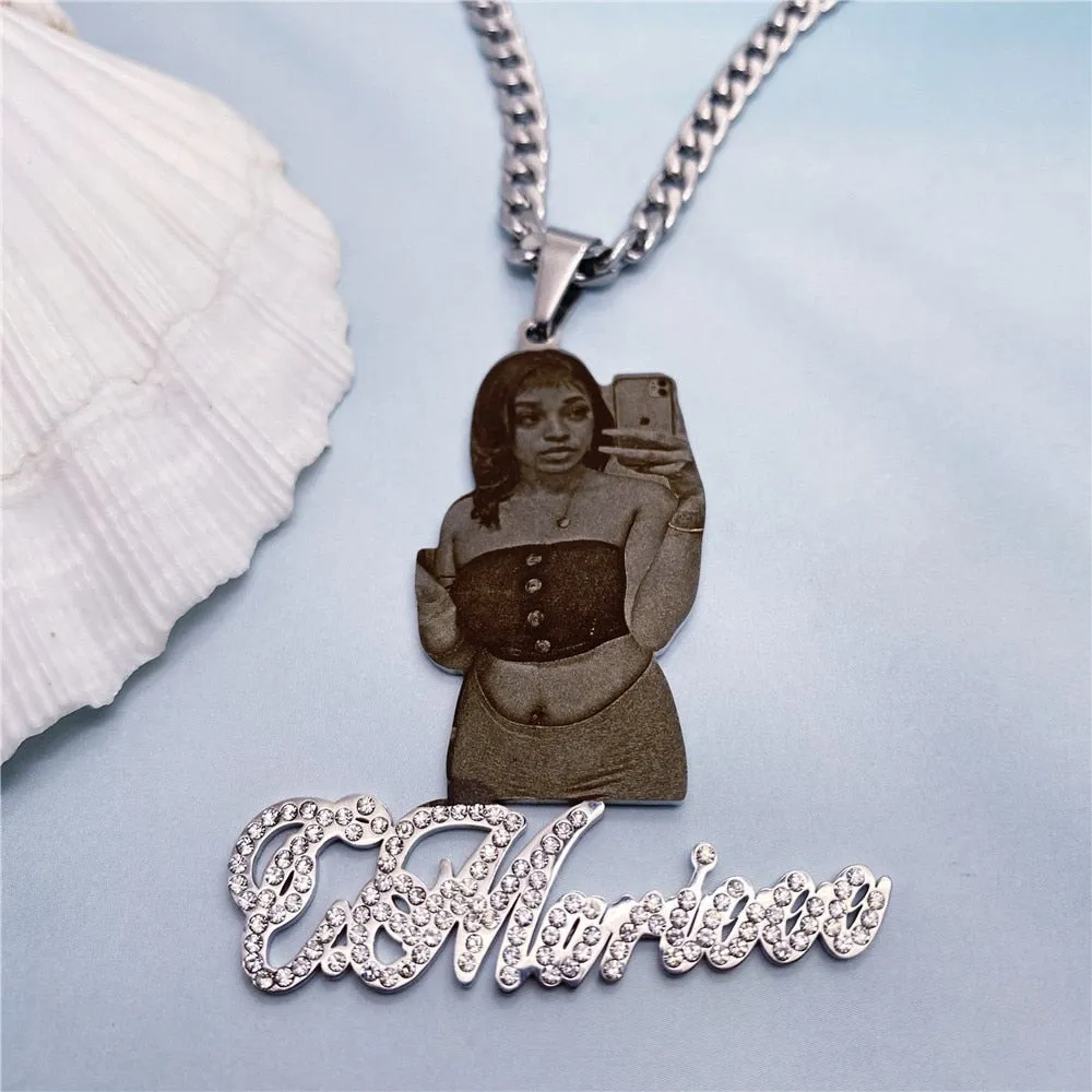 Custom Picture with Diamond Necklace Custom Nameplate Pendent Necklace