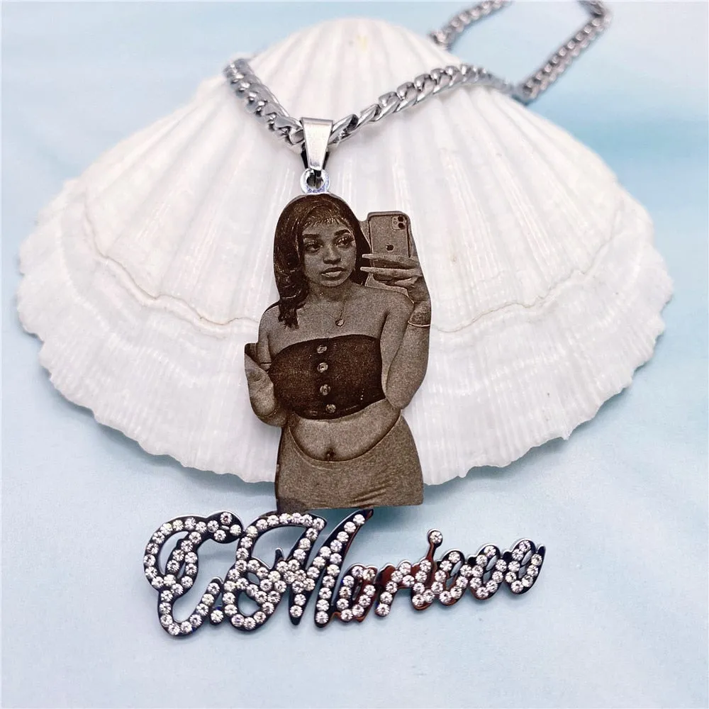 Custom Picture with Diamond Necklace Custom Nameplate Pendent Necklace