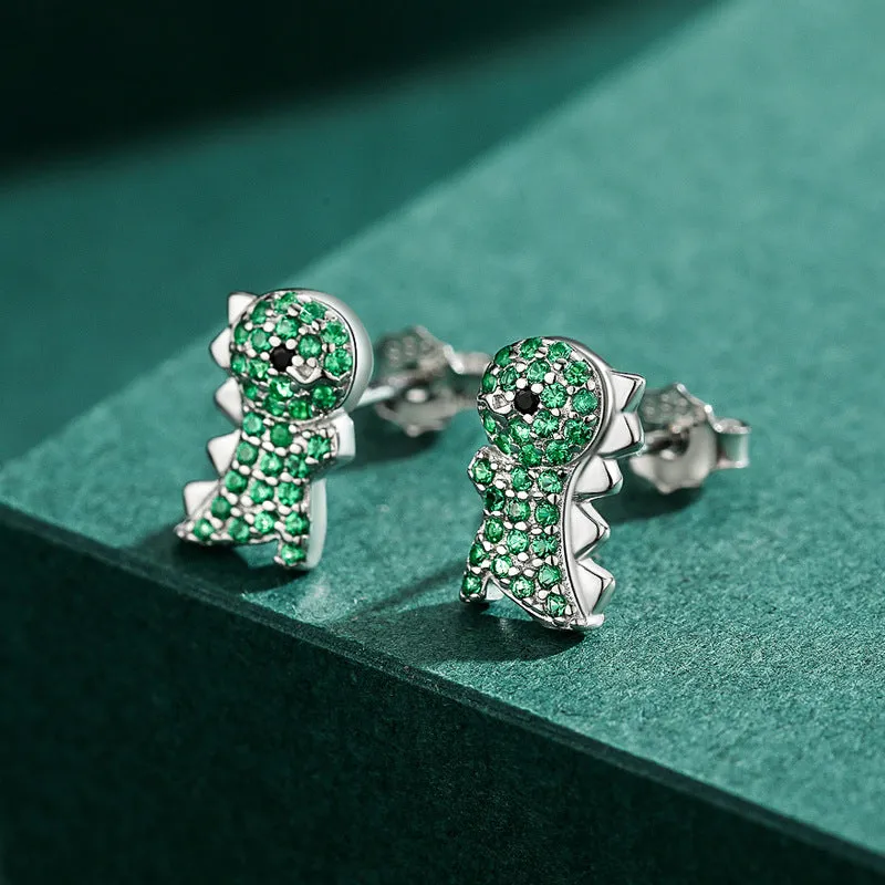 Cute Dinosaur Earrings with Sparkling Green Zircon in Sterling Silver