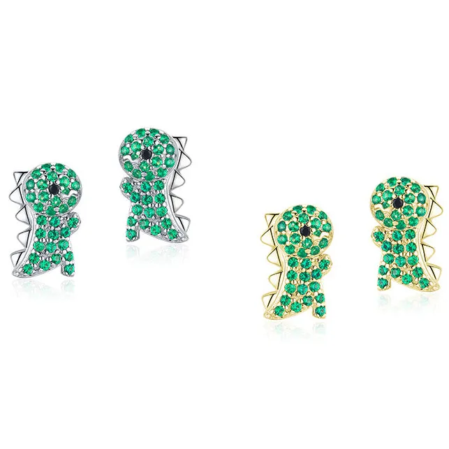 Cute Dinosaur Earrings with Sparkling Green Zircon in Sterling Silver