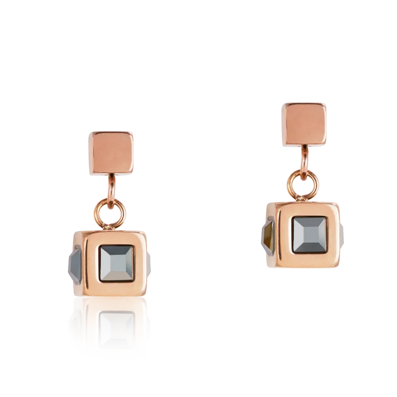 Earrings cube stainlees steel rose gold & crystal anthracite