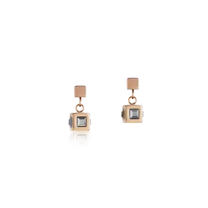 Earrings cube stainlees steel rose gold & crystal anthracite