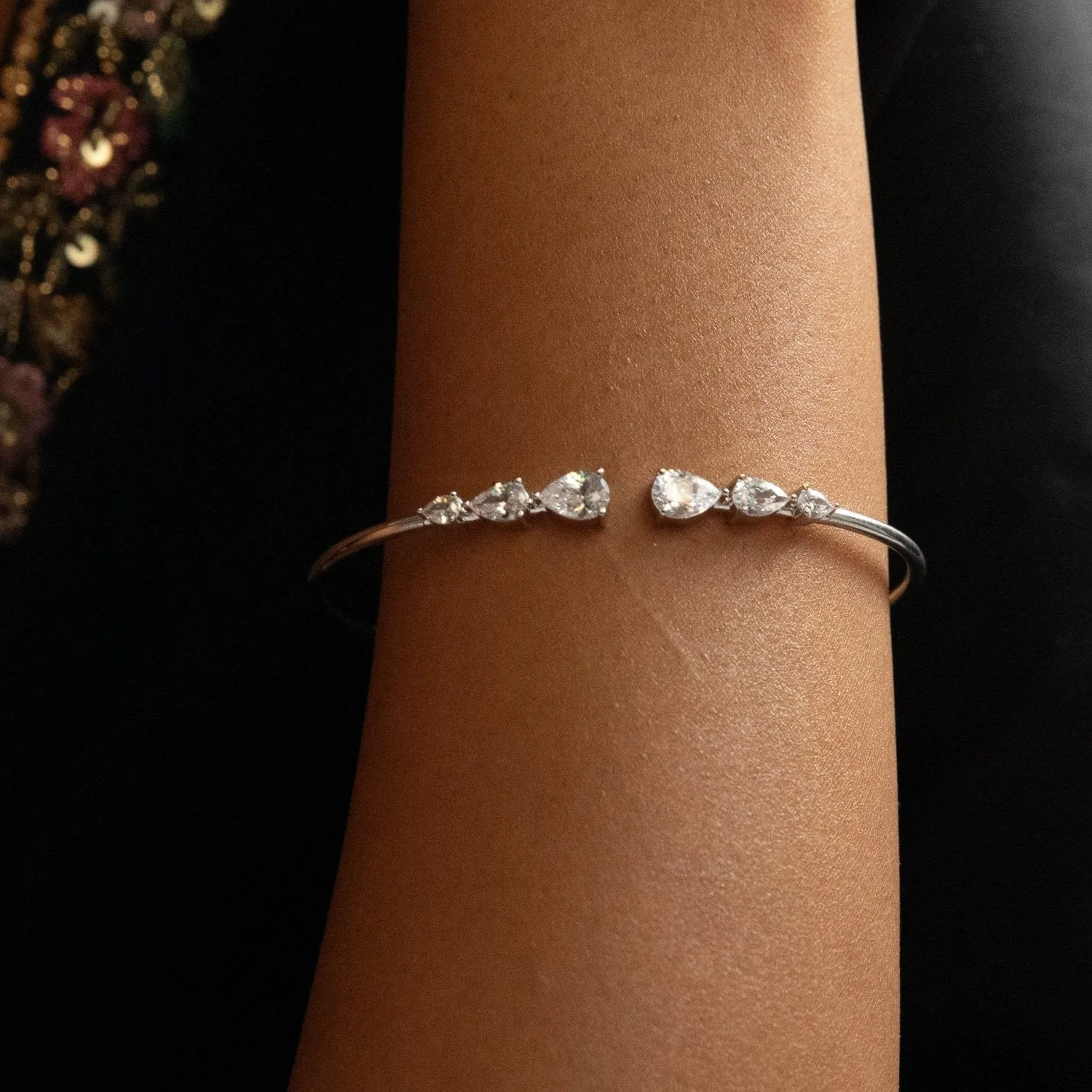 Elara CZ Teardrop Open Silver Bracelet