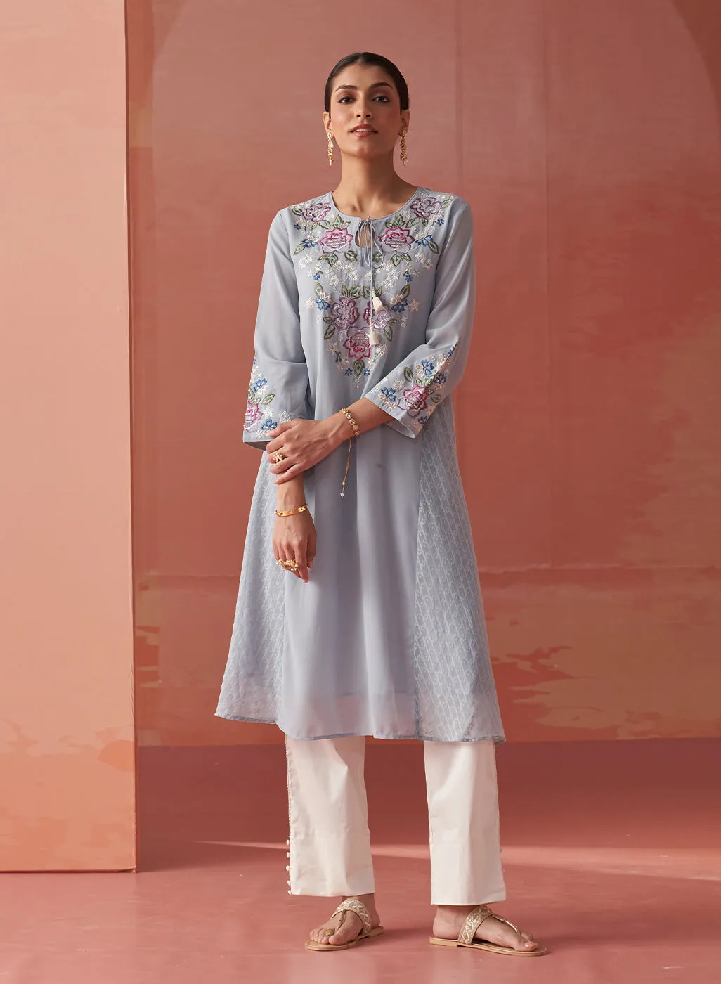 Firdaus Blue Mist Embroidered Georgette Designer Long Kurta for Women