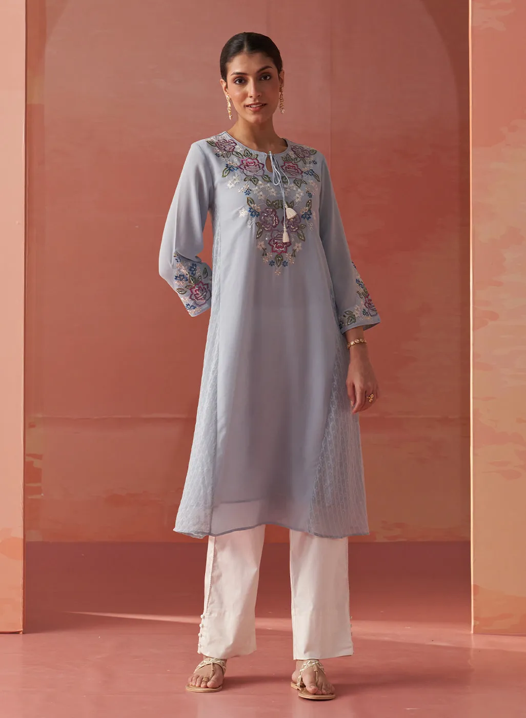 Firdaus Blue Mist Embroidered Georgette Designer Long Kurta for Women