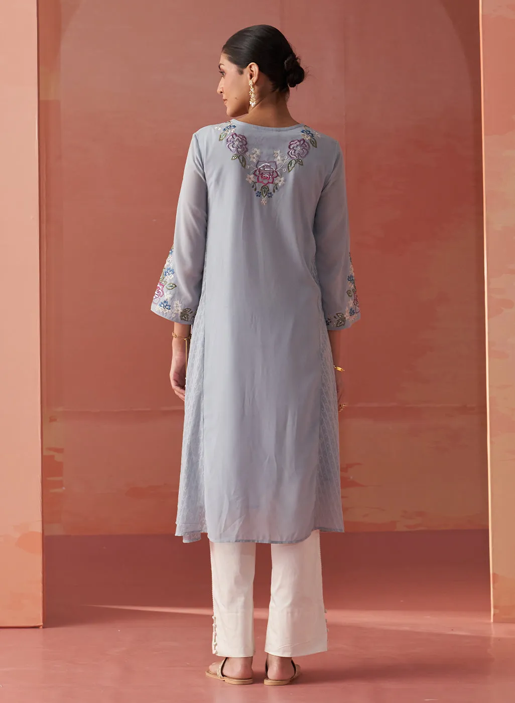 Firdaus Blue Mist Embroidered Georgette Designer Long Kurta for Women