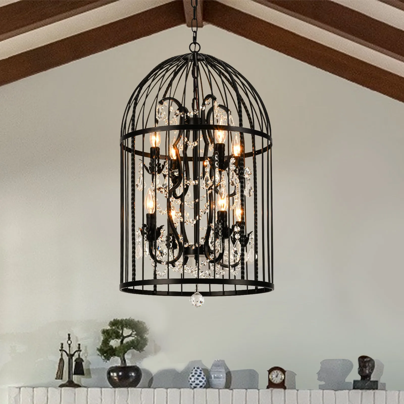 Glowlings 8-Light Vintage 18"Wide Black Lantern Bird Cage Pendant Light with Crystal Accents