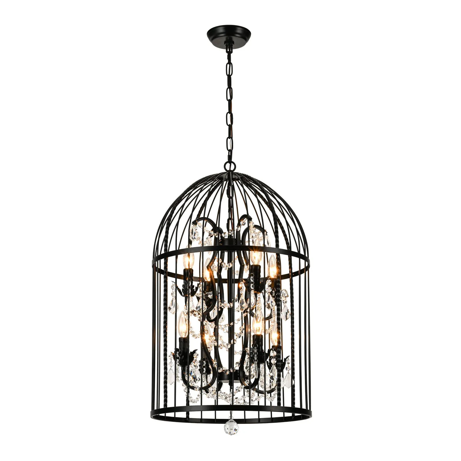 Glowlings 8-Light Vintage 18"Wide Black Lantern Bird Cage Pendant Light with Crystal Accents