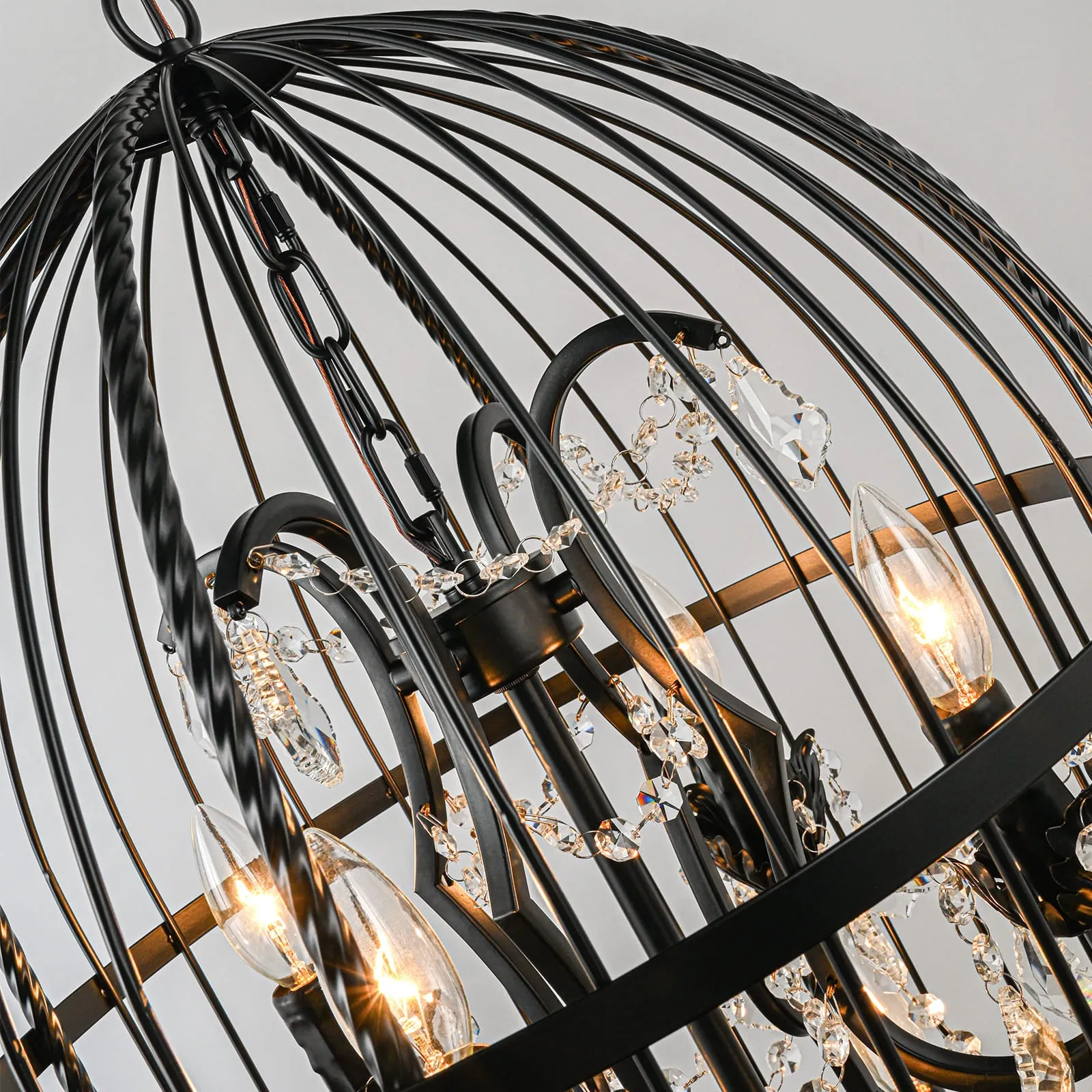 Glowlings 8-Light Vintage 18"Wide Black Lantern Bird Cage Pendant Light with Crystal Accents